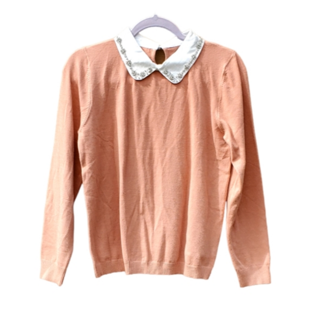 Women's Blush Rose Pullover Cardigan Sweater White Rhinestones Collar Small NWOT